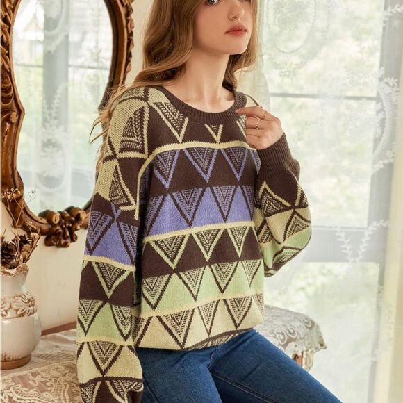 SHEIN MOD Multicolor Geometric Pattern Crewneck Sweater - Picture 4 of 7